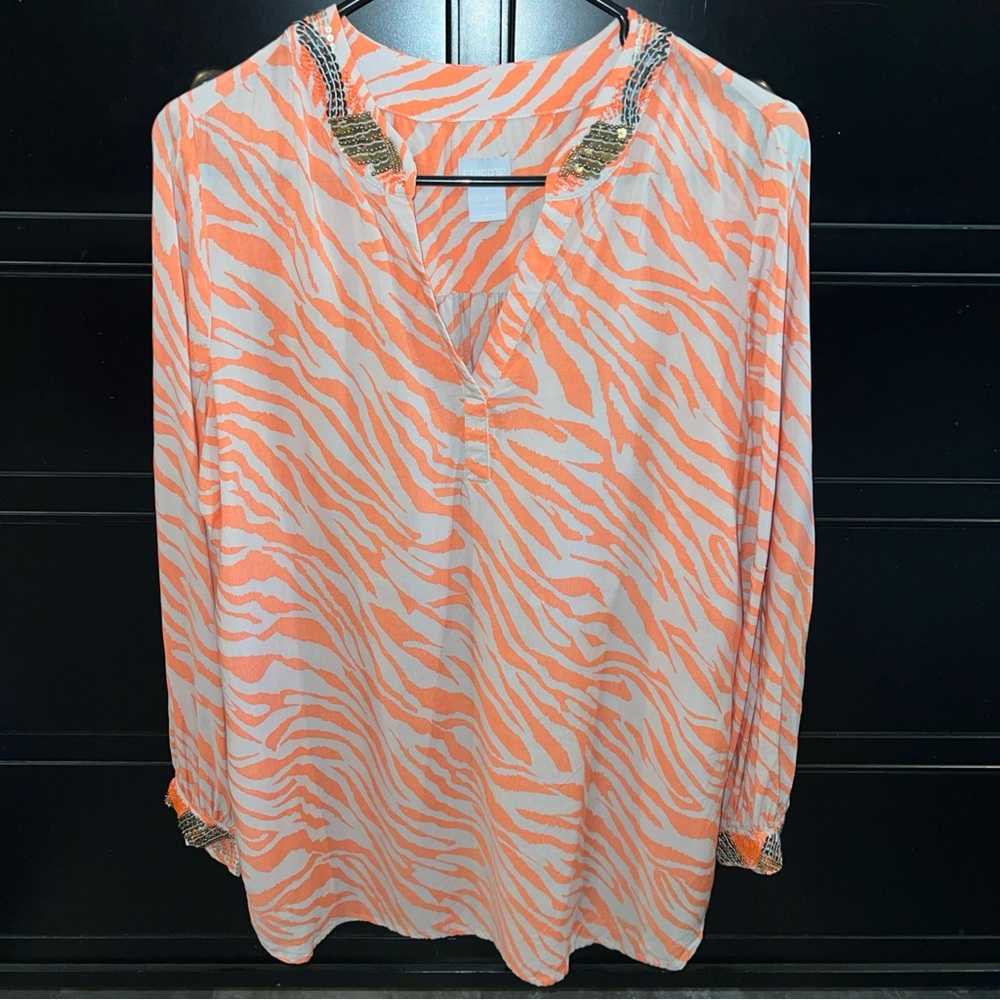 Chico's Embellished Zebra Print Tunic Top Orange Tan Size 1 (M)‎ V-neck